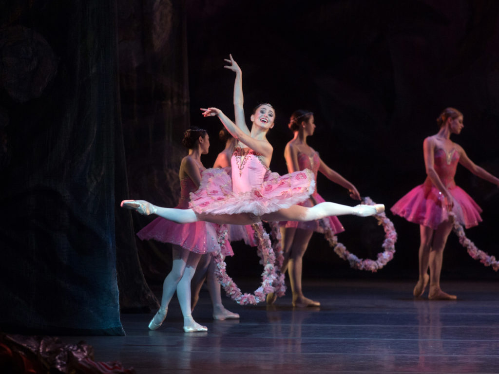一位穿着粉色芭蕾舞裙的芭蕾舞女演员在舞台上做着华丽的喷射动作，而其他芭蕾舞女演员则在背景中摆姿势。